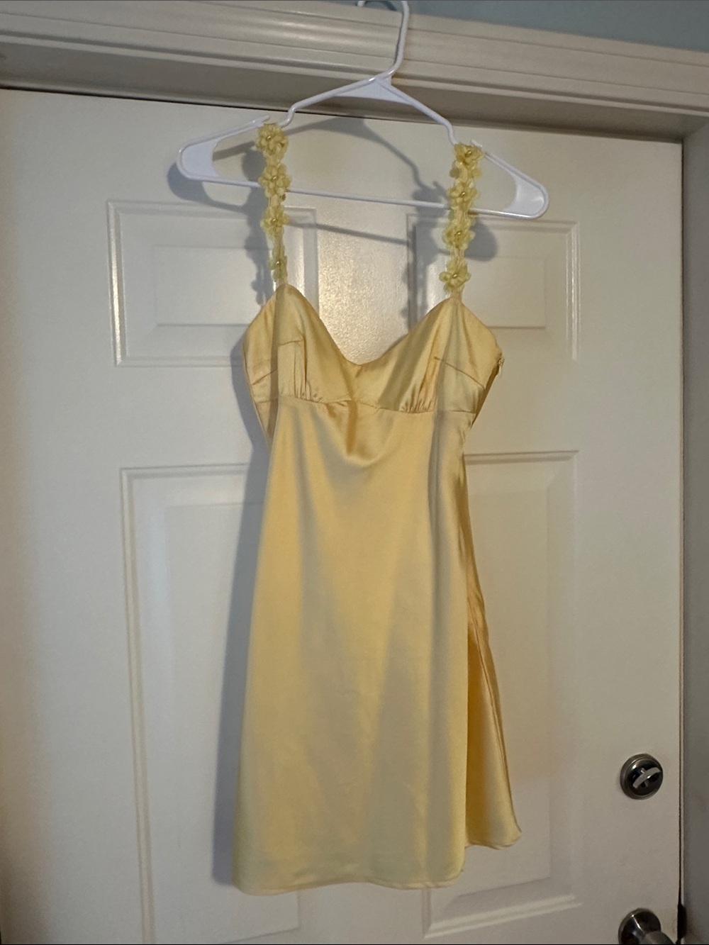 Ladies Floral Strap Satin Slip Dress in Pale Yellow